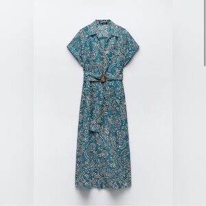 Zara NWOT Casual Blue A-Line Midi Dress with Notched Collar